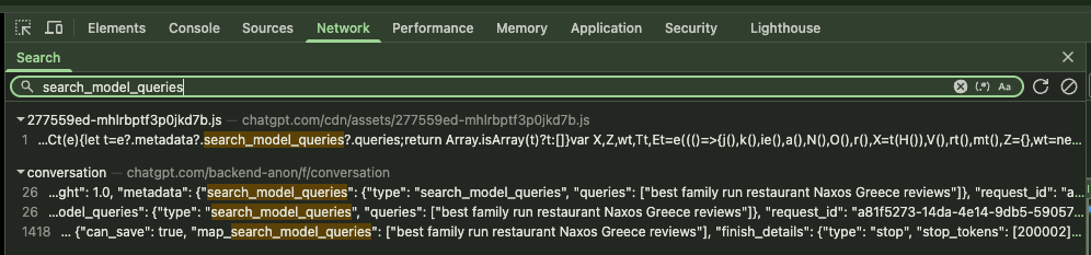 DevTools global search for search_model_queries showing hits in a JS bundle and in the conversation resource with the queries array