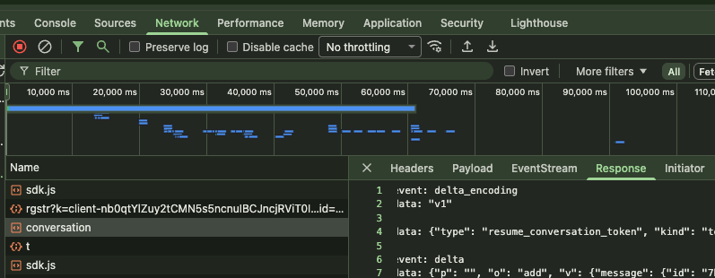 DevTools Network tab showing the conversation request Response with a resume_conversation_token and delta events